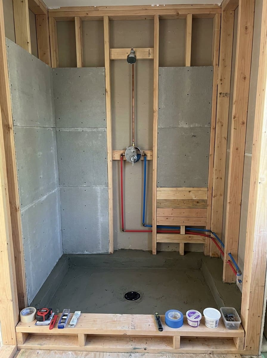 Shower corner at rough-in with studs, backer board and blocking