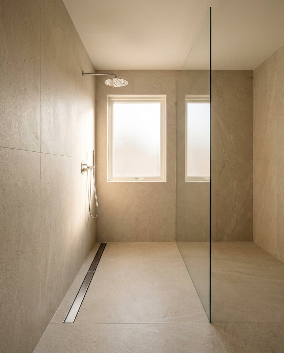 Curbless shower in oversized limestone-look porcelain slabs with a linear drain