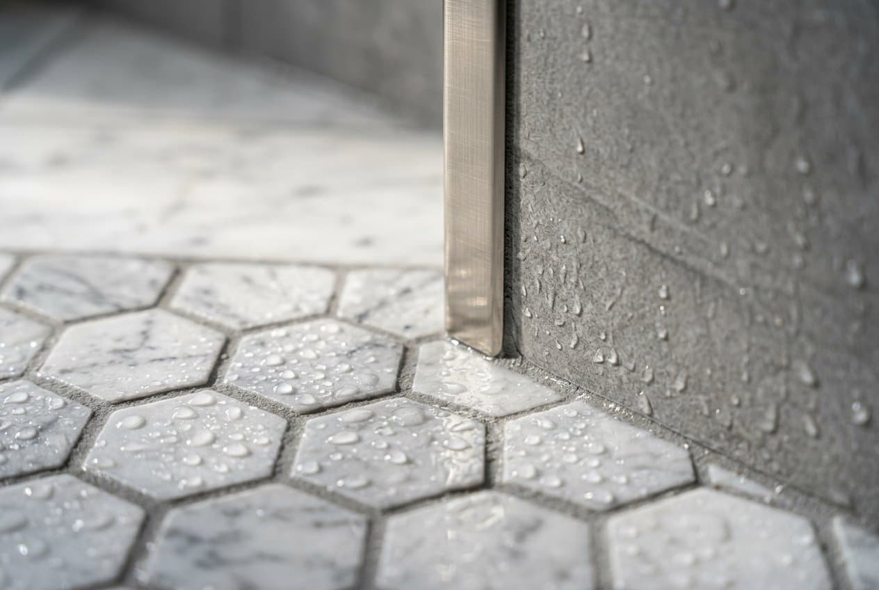 Detail of a marble hexagon mosaic floor meeting a wall tile at a metal trim profile