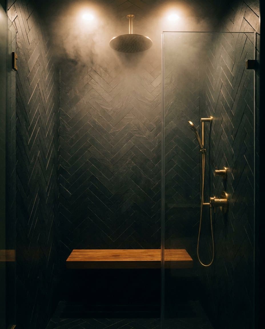 Steam shower in honed black slate herringbone with a floating teak bench