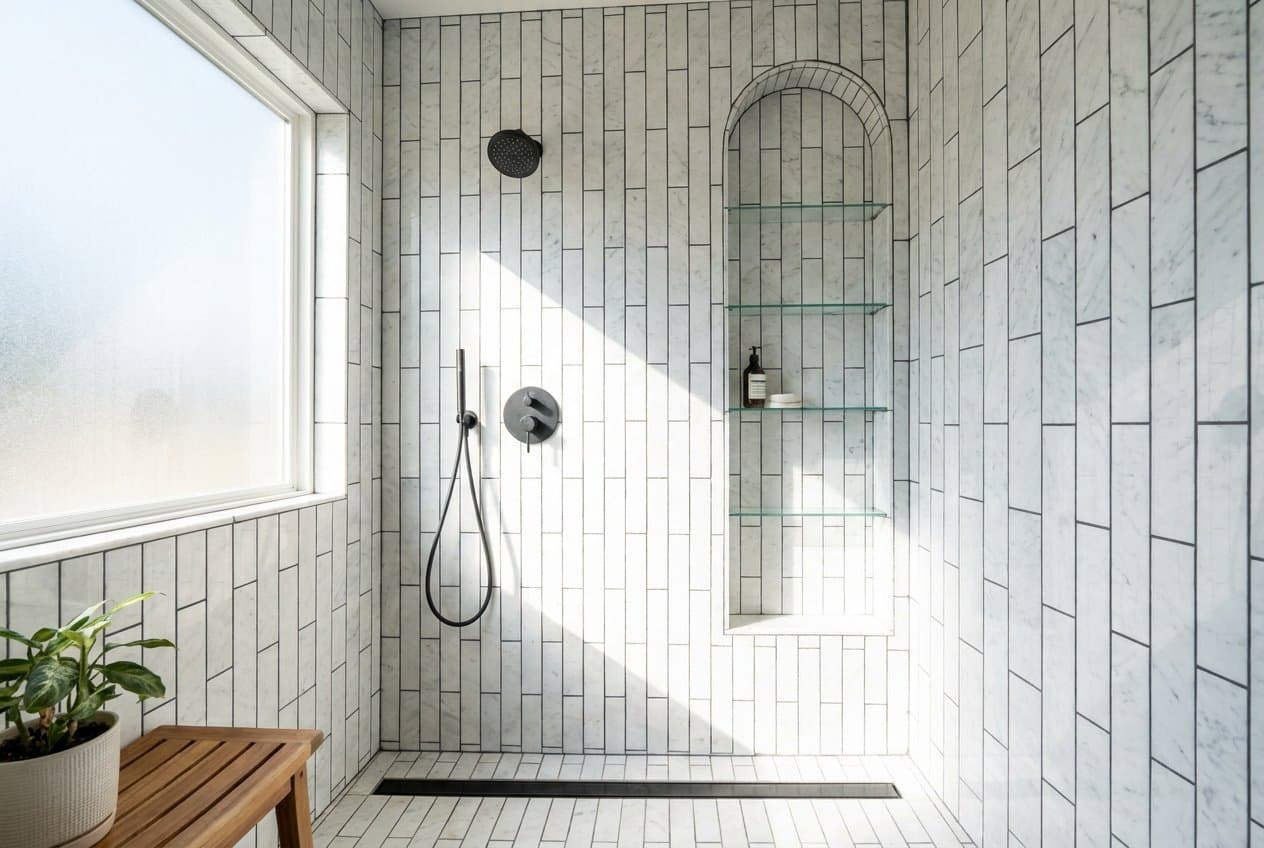 White marble subway tile shower in a vertical offset pattern with charcoal grout