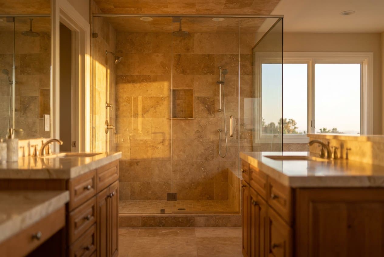 Master bathroom with a glass enclosed travertine shower in evening light