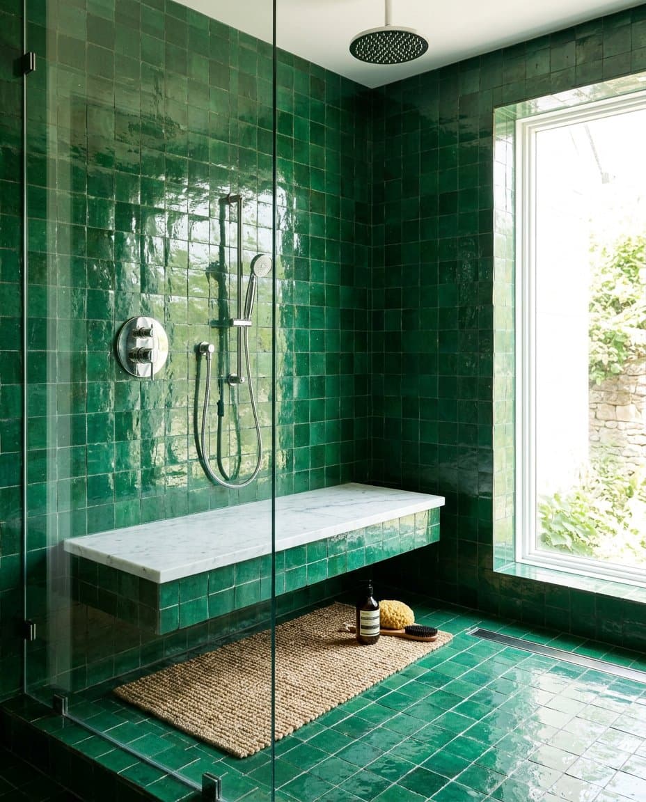 Emerald zellige tile shower with a white marble bench and chrome valve